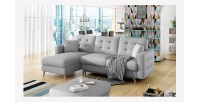 Canapé d’angle convertible HASGARD 3 places gris 248x162 cm – coffre et pieds bois