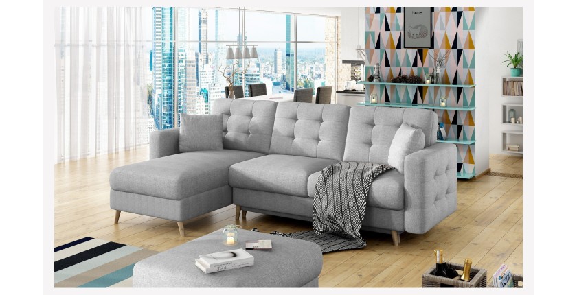 Canapé d’angle convertible HASGARD 3 places gris 248x162 cm – coffre et pieds bois