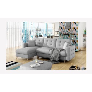 Canapé d’angle convertible HASGARD 3 places gris 248x162 cm – coffre et pieds bois