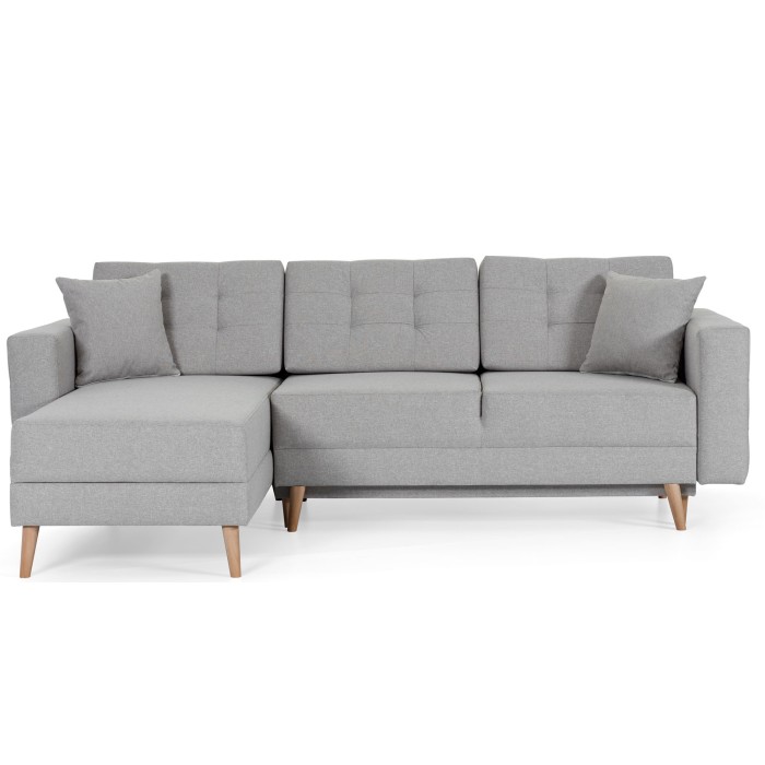 Canapé d’angle convertible HASGARD 3 places gris 248x162 cm – coffre et pieds bois