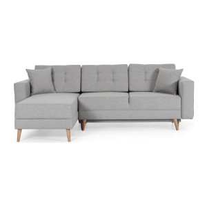 Canapé d’angle convertible HASGARD 3 places gris 248x162 cm – coffre et pieds bois