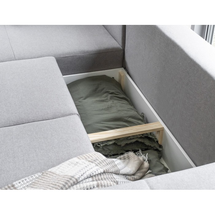 Canapé d’angle convertible HASGARD 3 places gris 248x162 cm – coffre et pieds bois