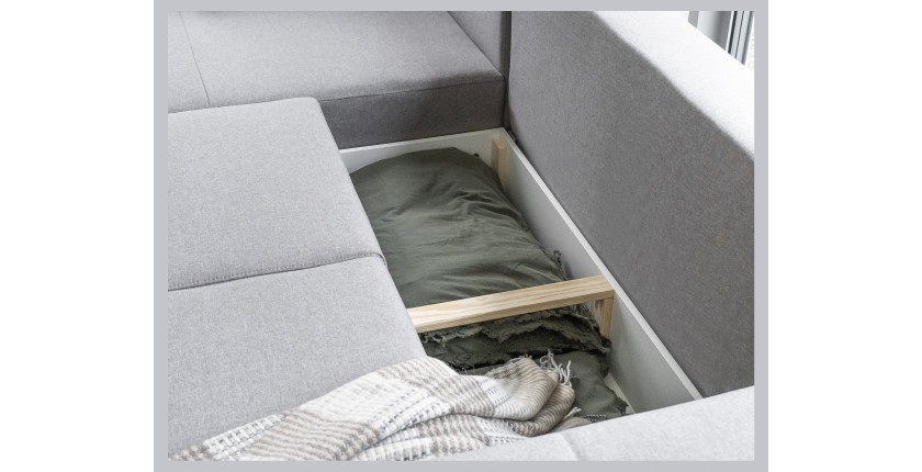 Canapé d’angle convertible HASGARD 3 places gris 248x162 cm – coffre et pieds bois