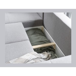 Canapé d’angle convertible HASGARD 3 places gris 248x162 cm – coffre et pieds bois