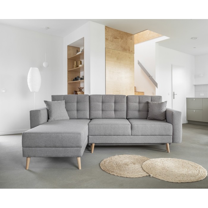 Canapé d’angle convertible HASGARD 3 places gris 248x162 cm – coffre et pieds bois