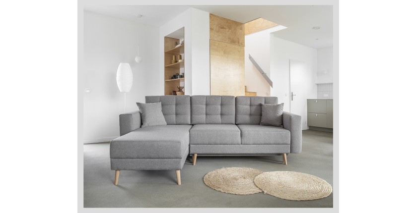 Canapé d’angle convertible HASGARD 3 places gris 248x162 cm – coffre et pieds bois
