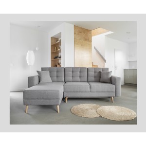 Canapé d’angle convertible HASGARD 3 places gris 248x162 cm – coffre et pieds bois