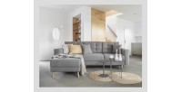 Canapé d’angle convertible HASGARD 3 places gris 248x162 cm – coffre et pieds bois