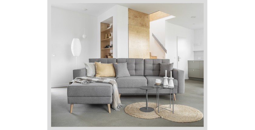 Canapé d’angle convertible HASGARD 3 places gris 248x162 cm – coffre et pieds bois