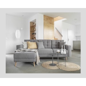 Canapé d’angle convertible HASGARD 3 places gris 248x162 cm – coffre et pieds bois