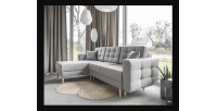 Canapé d’angle convertible HASGARD 3 places gris 248x162 cm – coffre et pieds bois