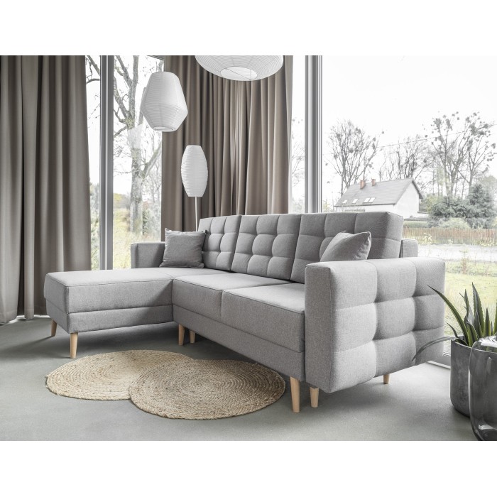 Canapé d’angle convertible HASGARD 3 places gris 248x162 cm – coffre et pieds bois