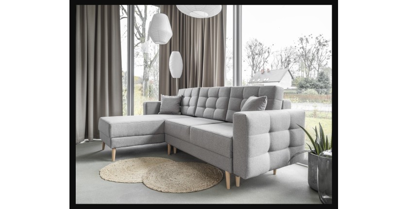 Canapé d’angle convertible HASGARD 3 places gris 248x162 cm – coffre et pieds bois
