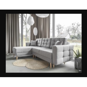 Canapé d’angle convertible HASGARD 3 places gris 248x162 cm – coffre et pieds bois