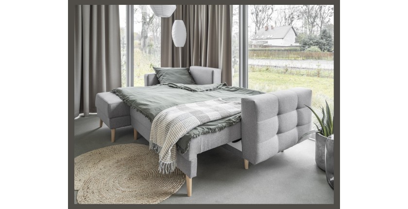 Canapé d’angle convertible HASGARD 3 places gris 248x162 cm – coffre et pieds bois
