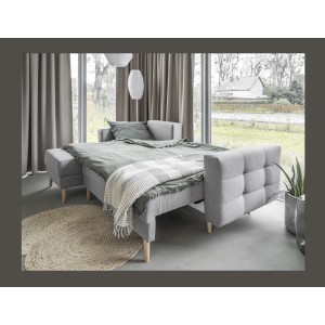 Canapé d’angle convertible HASGARD 3 places gris 248x162 cm – coffre et pieds bois