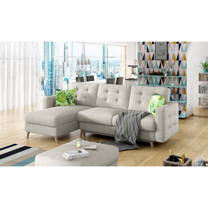 Canapé d’angle convertible HASGARD 3 places beige 248x162 cm – coffre et pieds bois