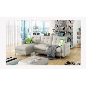 Canapé d’angle convertible HASGARD 3 places beige 248x162 cm – coffre et pieds bois