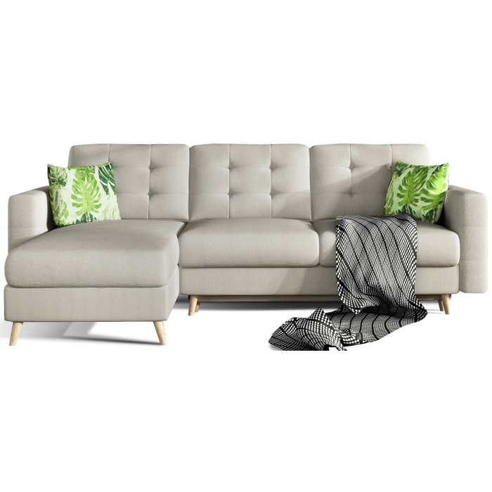 Canapé d’angle convertible HASGARD 3 places beige 248x162 cm – coffre et pieds bois