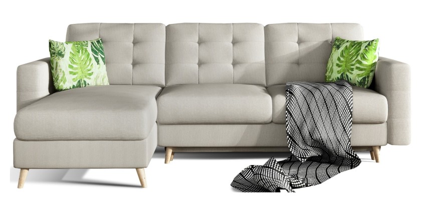 Canapé d’angle convertible HASGARD 3 places beige 248x162 cm – coffre et pieds bois