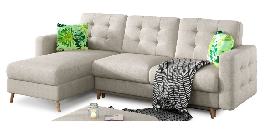 Canapé d’angle convertible HASGARD 3 places beige 248x162 cm – coffre et pieds bois