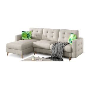 Canapé d’angle convertible HASGARD 3 places beige 248x162 cm – coffre et pieds bois