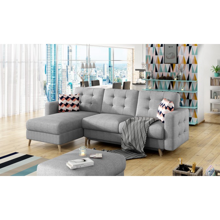 Canapé d’angle convertible HASGARD 3 places gris 248x162 cm – coffre et pieds bois