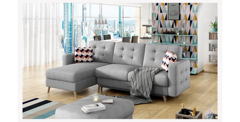 Canapé d’angle convertible HASGARD 3 places gris 248x162 cm – coffre et pieds bois