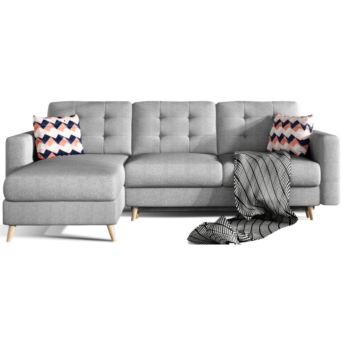 Canapé d’angle convertible HASGARD 3 places gris 248x162 cm – coffre et pieds bois