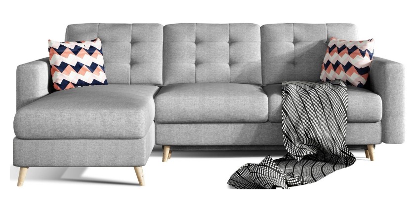 Canapé d’angle convertible HASGARD 3 places gris 248x162 cm – coffre et pieds bois