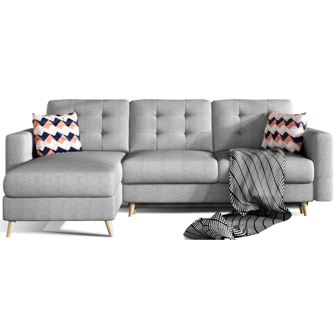 Canapé d’angle convertible HASGARD 3 places gris 248x162 cm – coffre et pieds bois