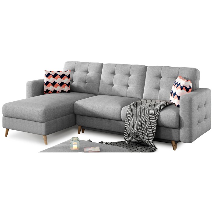 Canapé d’angle convertible HASGARD 3 places gris 248x162 cm – coffre et pieds bois