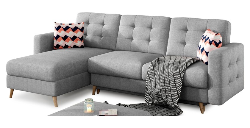 Canapé d’angle convertible HASGARD 3 places gris 248x162 cm – coffre et pieds bois