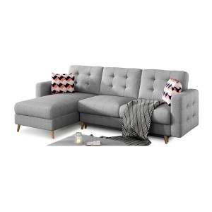 Canapé d’angle convertible HASGARD 3 places gris 248x162 cm – coffre et pieds bois