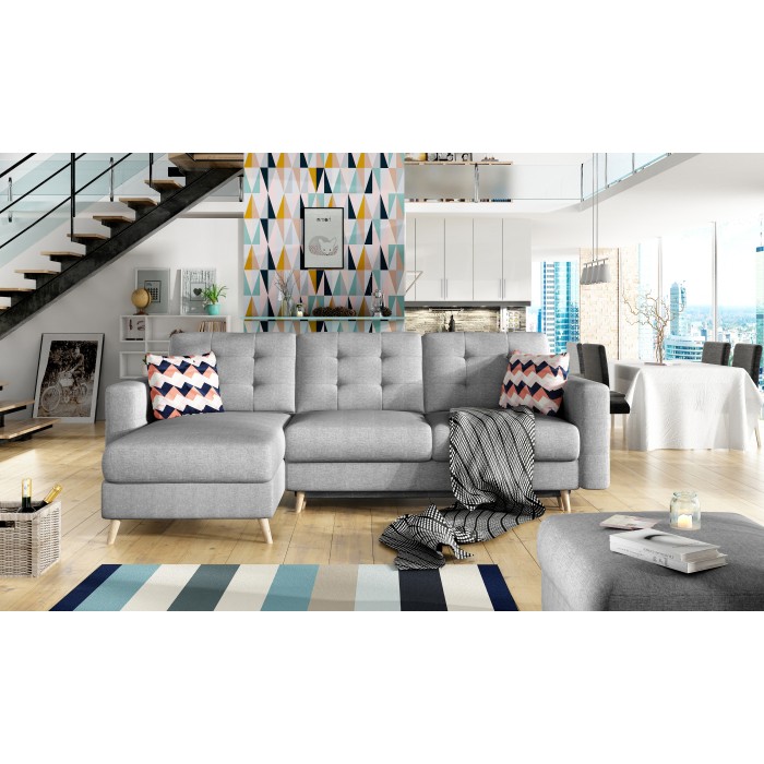 Canapé d’angle convertible HASGARD 3 places gris 248x162 cm – coffre et pieds bois