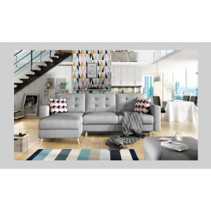 Canapé d’angle convertible HASGARD 3 places gris 248x162 cm – coffre et pieds bois