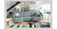 Canapé d’angle convertible HASGARD 3 places bleu 248x162 cm – coffre et pieds bois