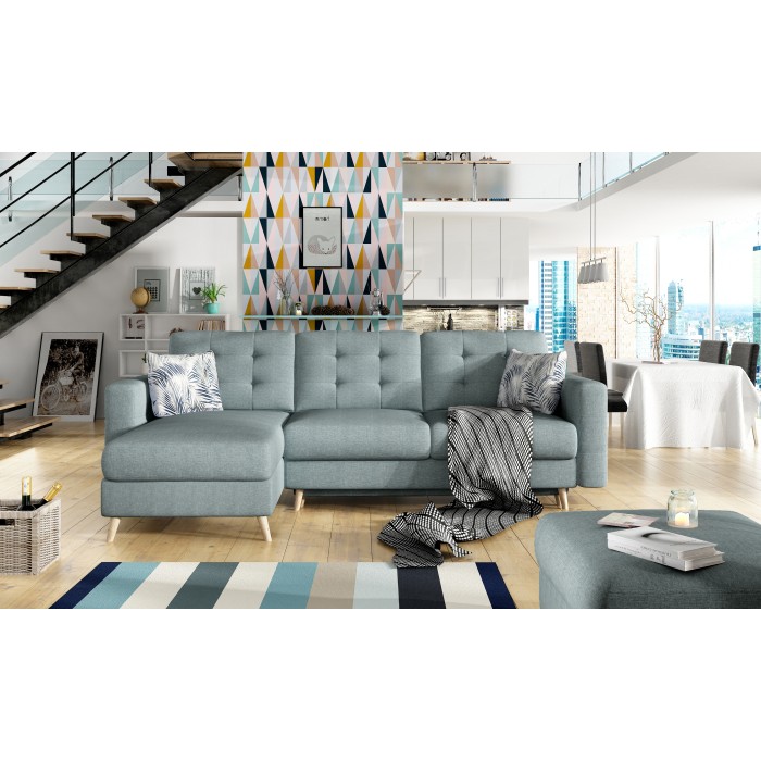 Hoekbank met slaapfunctie HASGARD 3-zits blauw 248x162 cm - met opbergruimte en houten poten