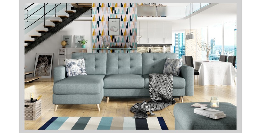 Canapé d’angle convertible HASGARD 3 places bleu 248x162 cm – coffre et pieds bois