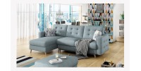 Canapé d’angle convertible HASGARD 3 places bleu 248x162 cm – coffre et pieds bois