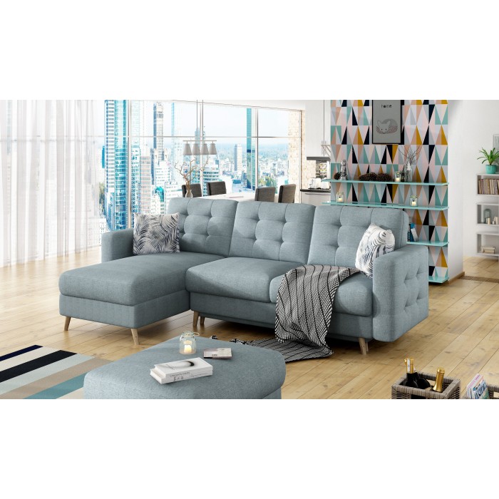 Hoekbank met slaapfunctie HASGARD 3-zits blauw 248x162 cm - met opbergruimte en houten poten