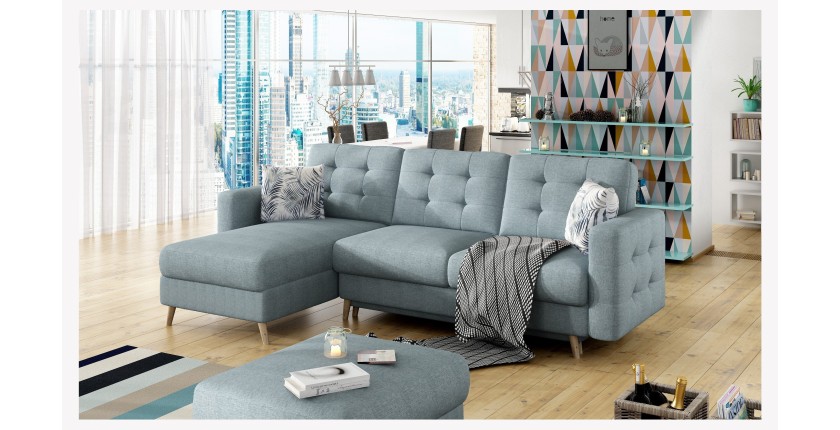 Canapé d’angle convertible HASGARD 3 places bleu 248x162 cm – coffre et pieds bois