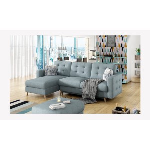 Canapé d’angle convertible HASGARD 3 places bleu 248x162 cm – coffre et pieds bois