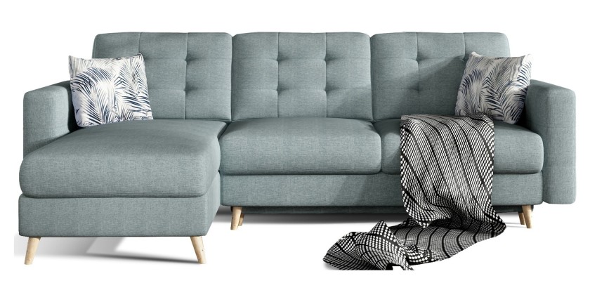Canapé d’angle convertible HASGARD 3 places bleu 248x162 cm – coffre et pieds bois