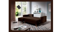 Canapé d’angle convertible HASGARD 3 places marron 248x162 cm – coffre et pieds bois