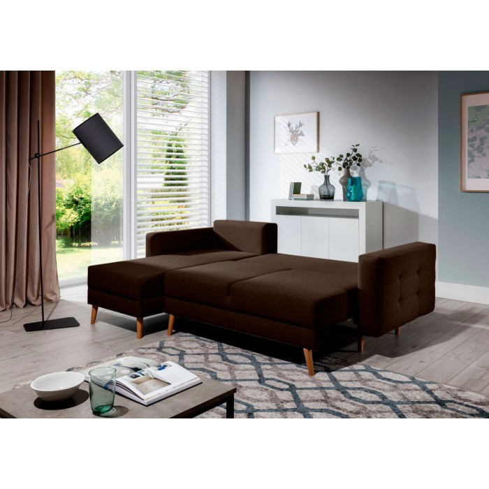 Canapé d’angle convertible HASGARD 3 places marron 248x162 cm – coffre et pieds bois