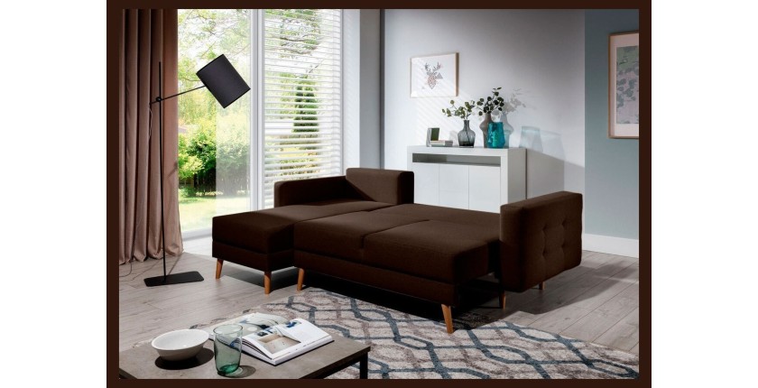 Canapé d’angle convertible HASGARD 3 places marron 248x162 cm – coffre et pieds bois