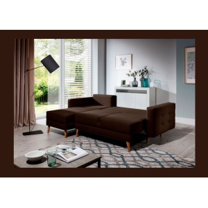 Canapé d’angle convertible HASGARD 3 places marron 248x162 cm – coffre et pieds bois