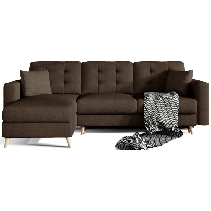 Canapé d’angle convertible HASGARD 3 places marron 248x162 cm – coffre et pieds bois