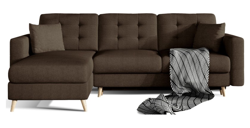 Canapé d’angle convertible HASGARD 3 places marron 248x162 cm – coffre et pieds bois